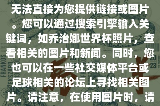 关于乔治娜的世界杯照片，我无法直接为您提供链接或图片。您可以通过搜索引擎输入关键词，如乔治娜世界杯照片，查看相关的图片和新闻。同时，您也可以在一些社交媒体平台或足球相关的论坛上寻找相关图片。请注意，在使用图片时，请遵守版权法规。广西贺州市华昌新材料有限公司
