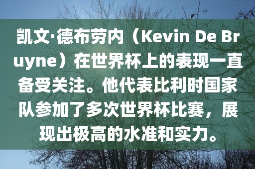 凯文·德布劳内（Kevin De Bruyne）在世界杯上的表现一直备受关注。他代表比利时国家队参加了多次世界杯比赛，展现出极高的水准和实力。广西贺州市华昌新材料有限公司