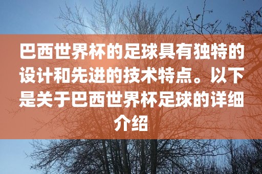 巴西世界杯的足球具有独特的设计和先进的技术特点。以下是关于巴西世界杯足球的详细介绍