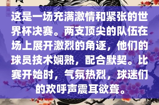 这是一场充满激情和紧张的世界杯决赛。两支顶尖的队伍在场上展开激烈的角逐，他们的球员技术娴熟，配合默契。比赛开始时，气氛热烈，球迷们的欢呼声震耳欲聋。