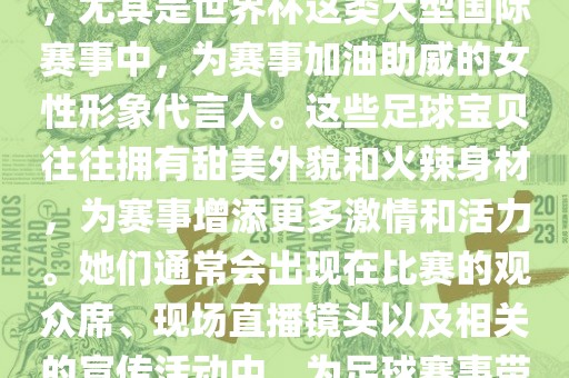 足球宝贝指的是在足球赛事中，尤其是世界杯这类大型国际赛事中，为赛事加油助威的女性形象代言人。这些足球宝贝往往拥有甜美外貌和火辣身材，为赛事增添更多激情和活力。她们通常会出现在比赛的观众席、现场直播镜头以及相关的宣传活动中，为足球赛事带来了更多的关注度和话题性。