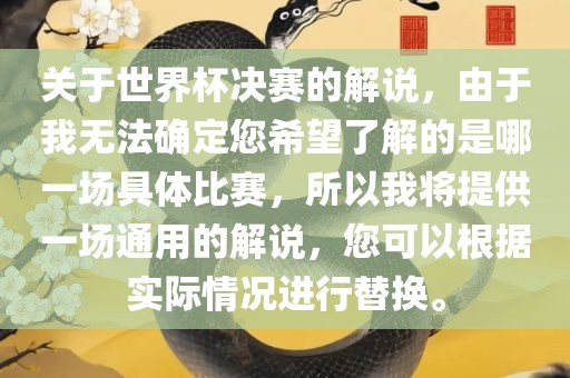 关于世界杯决赛的解说，由于我无法确定您希望了解的是哪一场具体比赛，所以我将提供一场通广西贺州市华昌新材料有限公司用的解说，您可以根据实际情况进行替换。
