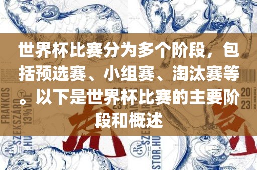 世界杯比赛分为多个阶段，包括预选赛、小组赛、淘汰赛等。以下是世界杯比赛的主要阶段和概述