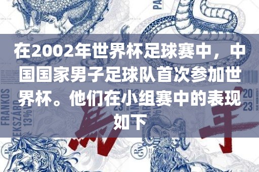 在2002年世界杯足球赛中，中国国家男子足球队首次参加世界杯。他们在小组赛中的表现如下