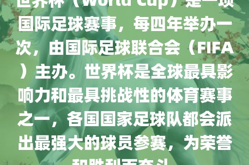 世界杯（World Cup）是一项国际足球赛事，每四年举办一次，由国际足球联合会（FIFA）主办。世界杯是全球最具影响力和最具挑战性的体育赛事之一，各国国家足球队都会派出最强大的球员参赛，为荣誉和胜利而奋斗。广西贺州市华昌新材料有限公司