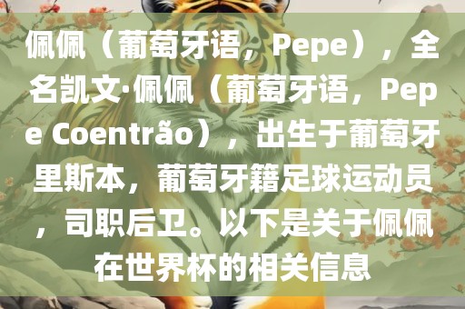 佩佩（葡萄牙语，Pepe），全名凯文·佩佩（葡萄牙语，Pepe Coentr?o），出生于葡萄牙里斯本，葡萄牙籍足球运动员，司职后卫。以下是关于佩佩在世界杯的相关信息广西贺州市华昌新材料有限公司