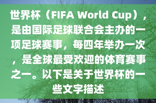 世界杯（FIFA World Cup），是由国际足球联合会主办的一项足球赛事，每四年举办一次，是全球最受欢迎的体育赛事之一。以下是关于世界杯的一些文字描述