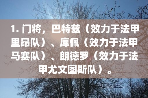 1. 门将，巴特兹（效力于法甲里昂队）、库佩（效力于法甲马赛队）、朗德罗（效力于法甲尤文图斯队）。