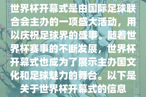 世界杯开幕式是由国际足球联合会主办的一项盛大活动，用以庆祝足球界的盛事。随着世界杯赛事的不断发展，世界杯开幕式也成为了展示主办国文化和足球魅力的舞台。以下是关于世界杯开幕式的信息