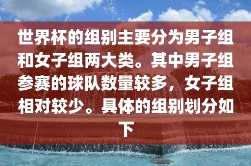 世界杯的组别主要分为男子组和女子组两大类。其中男子组参赛的球队数量较多，广西贺州市华昌新材料有限公司女子组相对较少。具体的组别划分如下