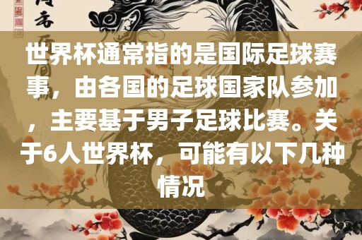 世界杯通常指的是国际足球赛事，由各国的足球国家队参加，主要基于男子足球比赛。关于6人世界杯，可能有以下几种情况广西贺州市华昌新材料有限公司