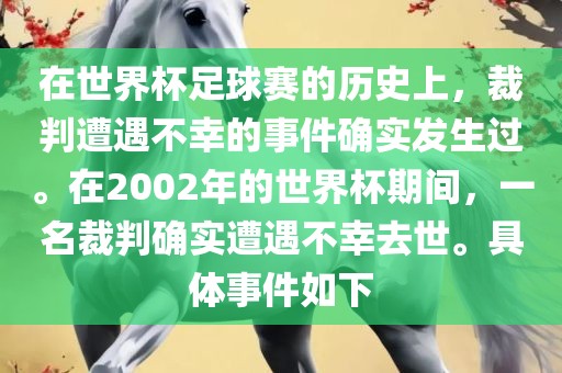 在世界杯足球赛的历史上，裁判遭遇不幸的事件确实发生过。在2002年的世界杯期间，一名裁判确实遭遇不幸去世。具体事件如下广西贺州市华昌新材料有限公司